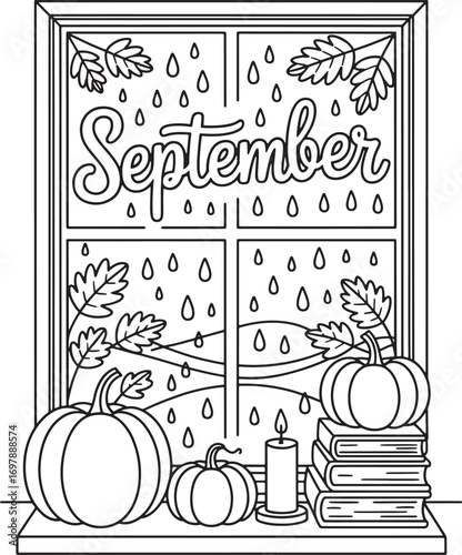 September rain falling on pumpkins and books by the window water drops