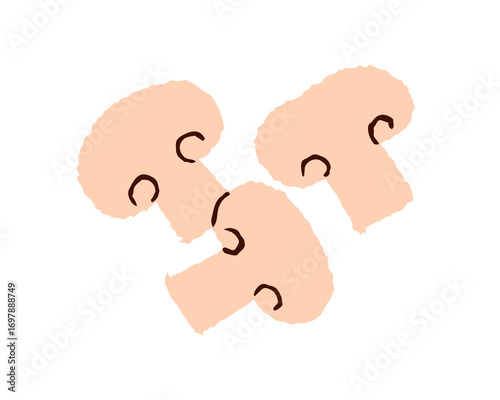 Sliced champignon mushrooms. Edible fungi pieces scattered. Fresh organic natural food, vegetarian eating. Agaricus, healthy ingredient, fungus. Flat vector illustration isolated on white background