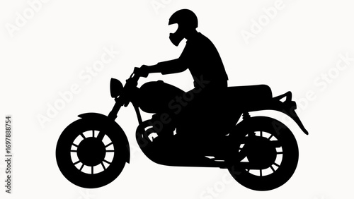 Silhouette of a motorcyclist wearing a helmet riding a motorcycle on a white background in side view