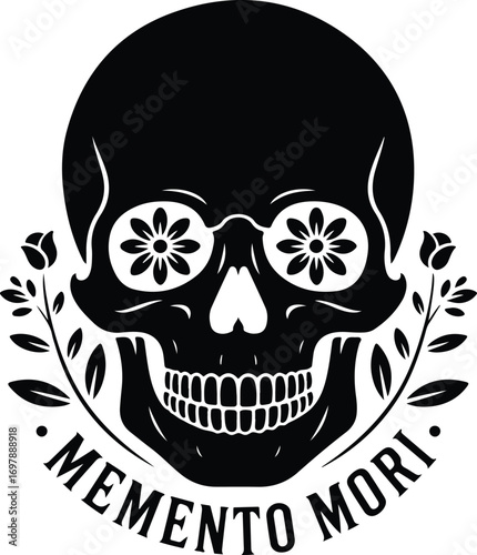 Skull with flowers and "Memento Mori" text graphic