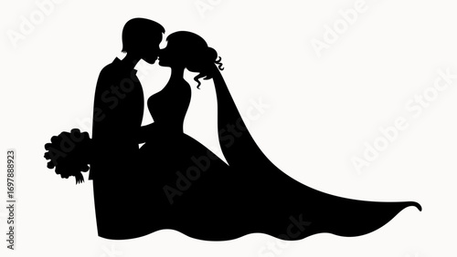 Silhouette of a bride and groom kissing with the bride holding a bouquet and wearing a long veil