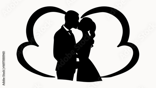 Silhouette of a kissing couple in formal wear framed by a stylized heart shape against a white background