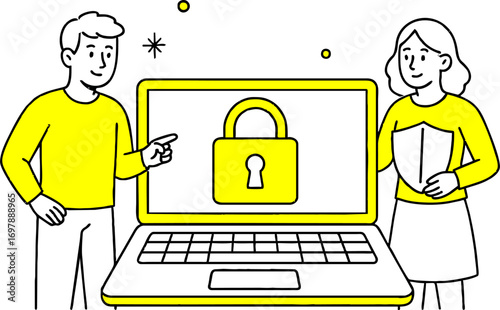 Cyber security concept with people situation in flat web design.  scene of password access, protect personal data. Vector illustrations for social media banner, marketing material