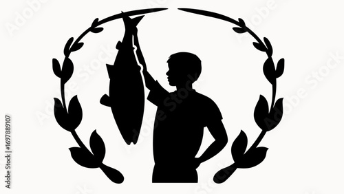 Silhouette of a person holding a fish inside a floral wreath design with a white background scene