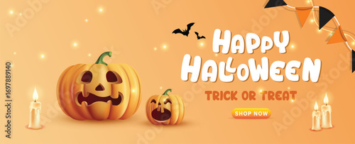 Halloween party background design. Happy halloween text with cute and funny pumpkin faces and lantern in yard for spooky trick or treat decoration