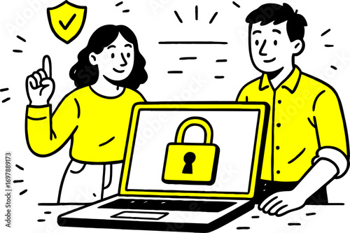 Cyber security concept with people situation in flat web design.  scene of password access, protect personal data. Vector illustrations for social media banner, marketing material