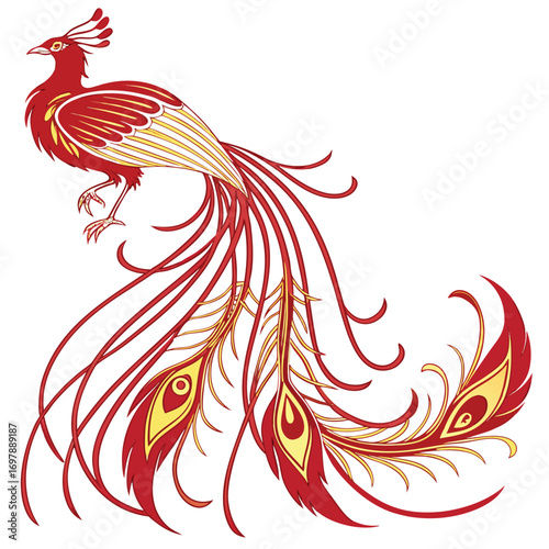 Stylized red and gold bird with flowing tail feathers phoenix mythical bird