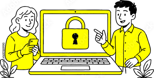 Cyber security concept with people situation in flat web design.  scene of password access, protect personal data. Vector illustrations for social media banner, marketing material