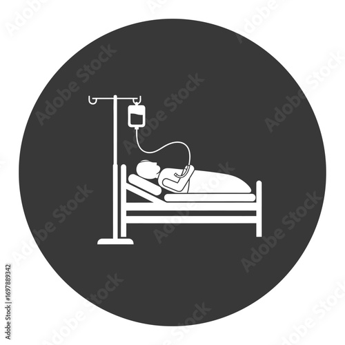Vector art of patient lying in hospital bed with iv drip, medical care icon