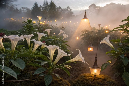 A surreal garden scene filled with blooming datura flowers,