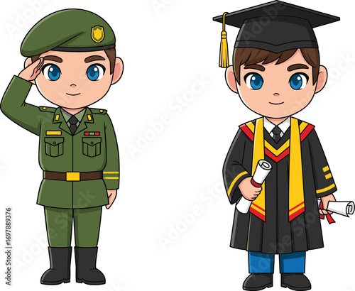 Boy in military uniform saluting and boy in graduation gown holding diploma – cartoon kids celebrating career and education.