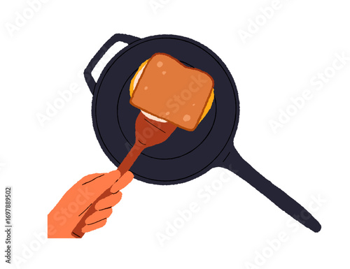 Hand with spatula flipping hot sandwich in frying pan, top view. Cooking quick snack, fast homemade breakfast. Preparing simple meal at home. Flat vector illustration isolated on white background