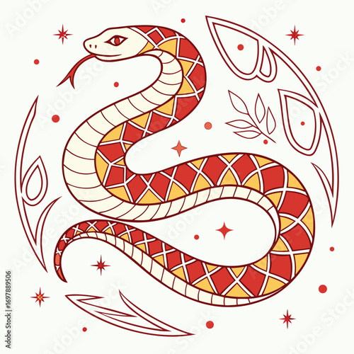 Stylized serpent with red yellow diamond pattern and celestial elements snake reptile
