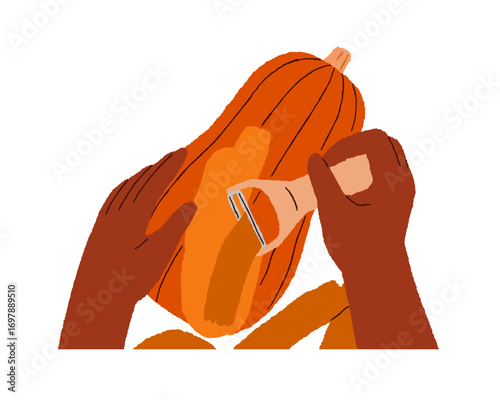 Hands peeling pumpkin skin with kitchen peeler tool. Preparing autumn seasonal food, squash, vegetable for cooking. Culinary preparation work. Flat vector illustration isolated on white background