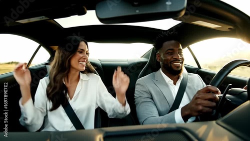 Couple Enjoying Road Trip in Luxury Sports Car with Sunset View