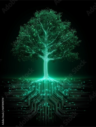 Digital Tree of Life: A stunning conceptual image depicts a radiant digital tree blossoming from a network of circuits, illustrating the fusion of technology and nature, on a black background
