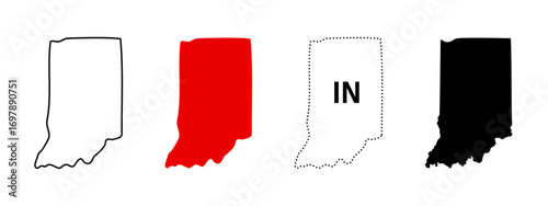 Indiana state map icon set. US state silhouette in outline, filled, dotted and labeled styles sign. State border and location symbol. American geography pictogram