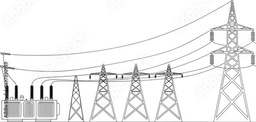 Electrical substation transformer, high voltage transmission towers, power distribution network, energy infrastructure system, utility grid industry, cad drawing flat vector illustration