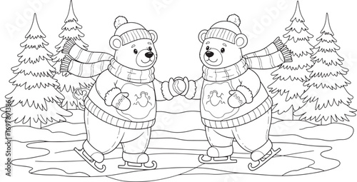 Two cartoon bears wearing hats and scarves ice skating on a frozen pond winter