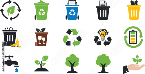 Collection of eco-friendly icons representing recycling, waste management, and growth