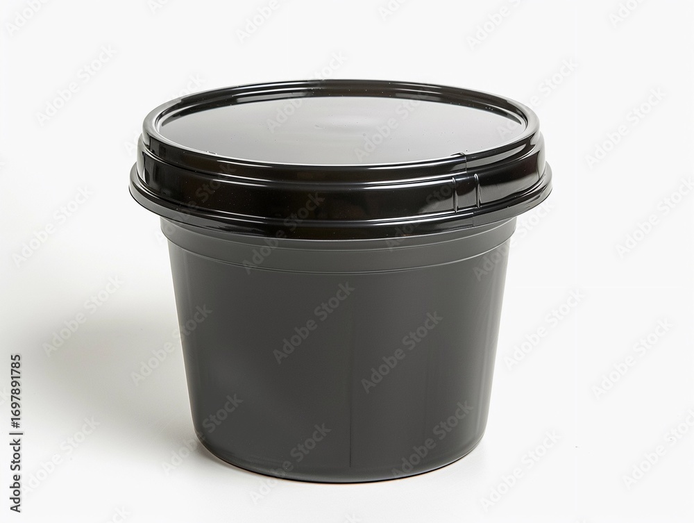Black plastic container suitable for food storage and packing used in kitchens and restaurants during busy hours Black plastic container suitable for food storage and packing used in kitchens and restaurants during busy hours