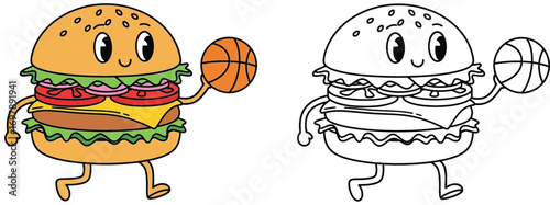 Cute Cartoon Hamburger Playing Basketball - Sporty Fast Food Fun