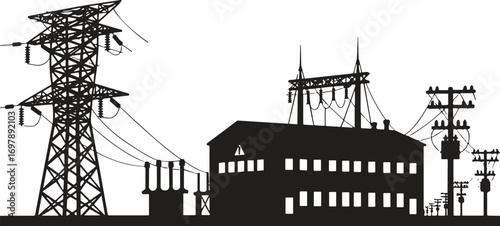 Electric power substation, high voltage transmission tower, electricity distribution, energy infrastructure, utility grid system, cad drawing flat vector illustration