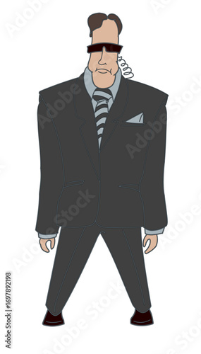 Suit-clad character in sunglasses stands confidently in urban setting during daytime