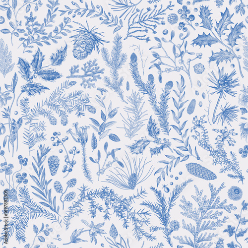 Seamless christmas pattern. Vintage botanical illustration. Herbarium. Winter flora. Blue and white