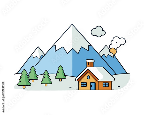 Winter mountain village with snowy peaks, pine trees, and a cozy cabin with smoke, children building a snowman, vector illustration