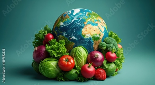 Earth surrounded by fresh fruits and vegetables, healthy eating