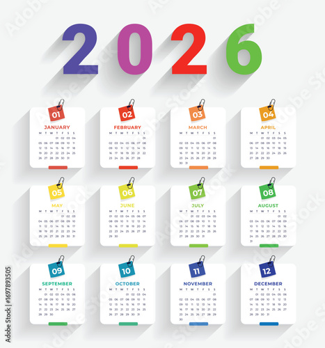 Colorful and Organized 2026 Calendar with Month Pages and Paperclip Accents Aesthetically Pleasing Design