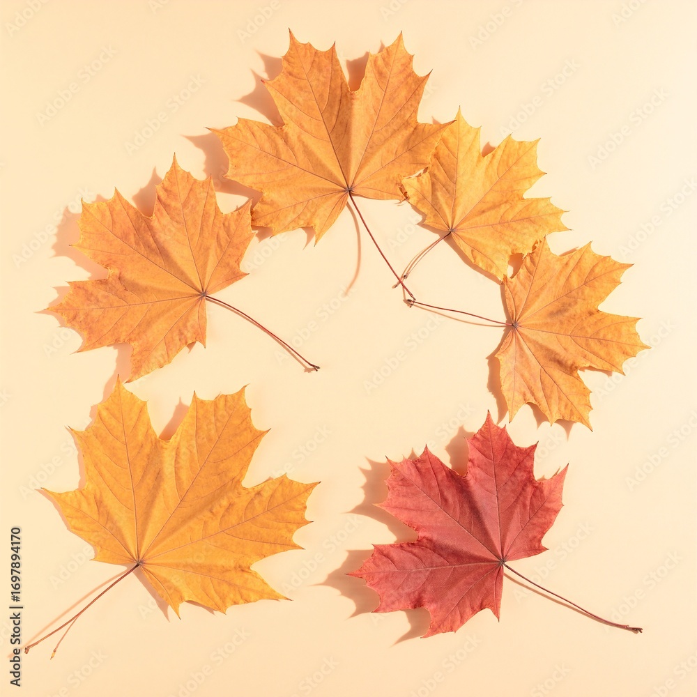 Fototapeta premium A vibrant circle of assorted autumn leaves in shades of red, orange, and yellow, arranged artfully on a rustic wooden surface, showcasing nature's beauty.
