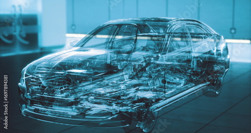 Fotografija This mesmerizing display features a transparent vehicle, allowing a stunning view of its internal components, showcasing craftsmanship and engineering marvels in a futuristic environment