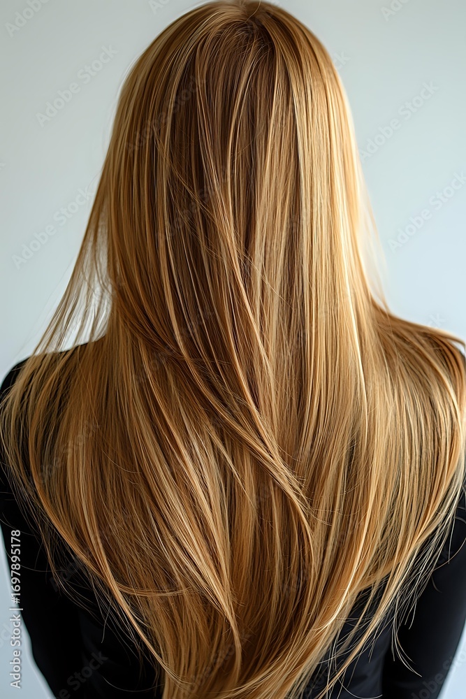 Naklejka premium Back view of long straight blonde hair with natural highlights and layered cut on woman wearing black top, demonstrating professional hair styling result.