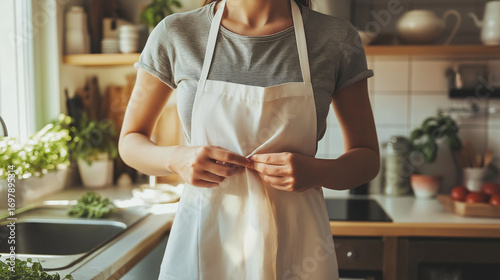 Woman tying apron in kitchen