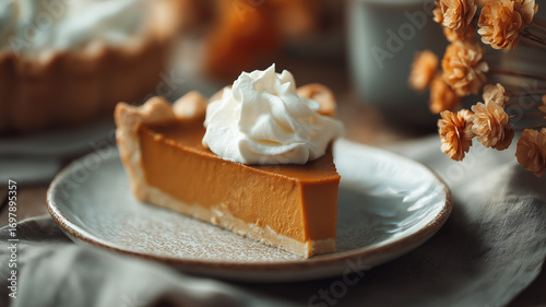 Delicious pumpkin pie slice topped with whipped cream autumn dessert holiday