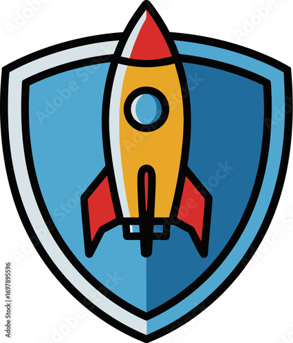 Rocket ship launching from a protective shield, symbolizing innovation and security