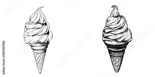 Modern sundae dessert consisting of frozen gelato and whipped cream is illustrated in an isolated hand drawn sketch of ice cream in a waffle cone