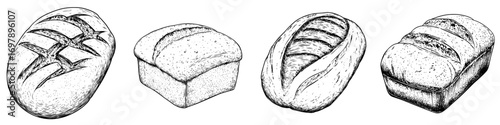 A sketch of long loaf bread in isolation, alongside the modern long loaf, a baked pastry baguette