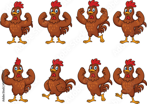 Cartoon muscular chicken flexing biceps in various poses, funny farm animal character set with strong, confident expressions and gestures.
