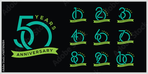 Collection of anniversary logo design. 10 to 100 Celebration Day Custom Vector Graphics Concept