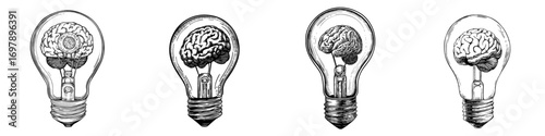 Icon of a brain inside a light bulb, symbolizing ideas and solutions for mobile and web applications, represented by a thin line design suitable for website and app development as a premium icon