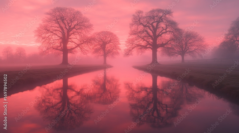 Naklejka premium Pink sunrise over misty landscape with trees reflected in water