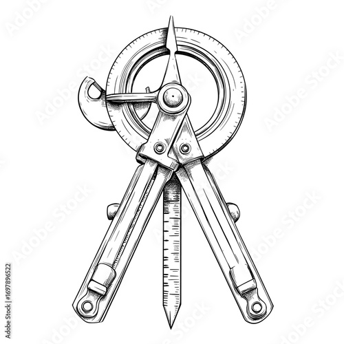 Isolated on white, the linear style pictogram features a compass drawing tool line icon and a divider caliper symbol, both of which are outlined in a modern sign style with an editable stroke