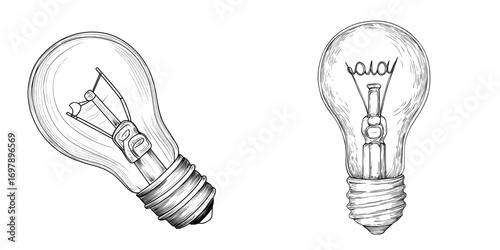 Modern illustration presents a light bulb icon in a sketch style, alongside a hand-drawn idea sign, all on a white background for a clean look