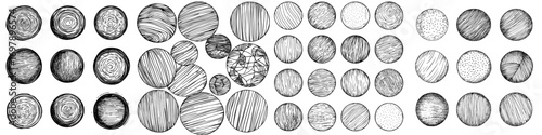 Collection of hand-drawn circular scribbles, a modern design element, illustrated on a plain background