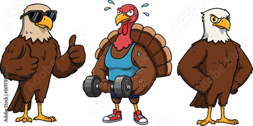 Cartoon muscular turkey lifting dumbbell sweating, confident eagle with sunglasses showing thumbs up, and serious bald eagle standing strong.