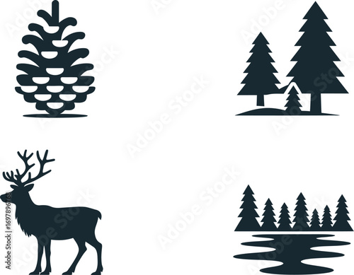 Stylized forest elements including a pinecone, trees, and a majestic deer silhouette