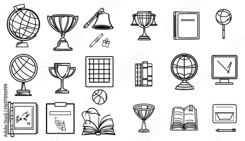The key elements are education, icons, linear design, grey outline, and white background